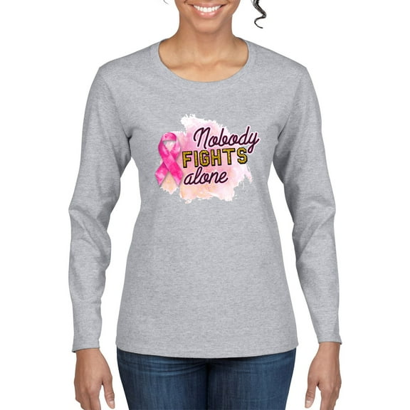 Nobody Fights Alone Watercolor Sparkles Breast Cancer Awareness Womens Graphic Long Sleeve T-Shirt, Heather Grey, Medium