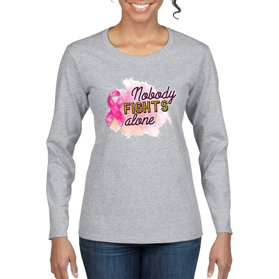 Nobody Fights Alone Watercolor Sparkles Breast Cancer Awareness Womens Graphic Long Sleeve T-Shirt, Heather Grey, Small
