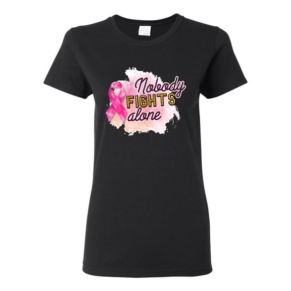 Nobody Fights Alone Watercolor Sparkles Breast Cancer Awareness Womens Graphic T-Shirt, Black, X-Large