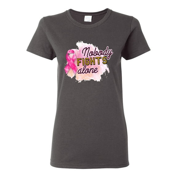 Nobody Fights Alone Watercolor Sparkles Breast Cancer Awareness Womens Graphic T-Shirt, Charcoal, Large