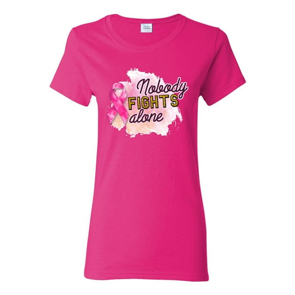 Nobody Fights Alone Watercolor Sparkles Breast Cancer Awareness Womens Graphic T-Shirt, Fuschia, Large