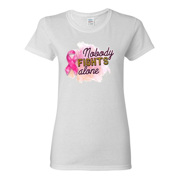 Nobody Fights Alone Watercolor Sparkles Breast Cancer Awareness Womens Graphic T-Shirt, White, Large