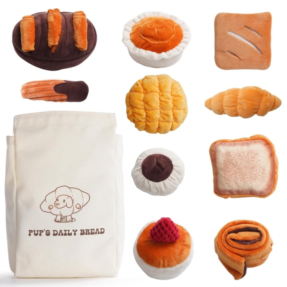 Nocciola 10 PCS Bread Dog Toy Set with a Grocery Bag, Christmas gift,Cute Crinkle Squeaky Plush Puppy Toys, Hide and Seek Toys for Small to Medium Dogs
