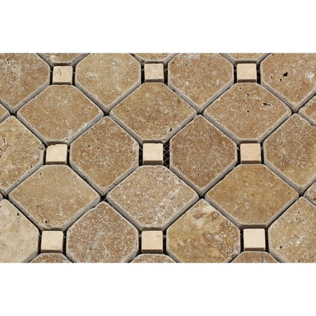 Noce Travertine Tumbled Octagon Mosaic Tile w/ Ivory Dots
