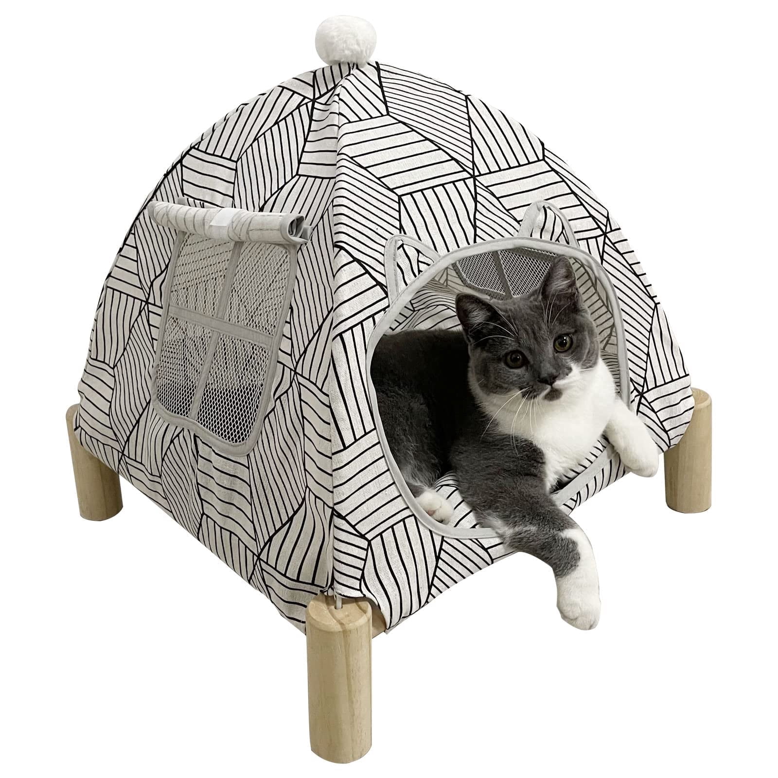 Nockovi 2-in-1 Wooden Pet Tent and Hammock, Quick Assembly Portable for Cats Small Pets Indoor Outdoor, White Diamond Pattern
