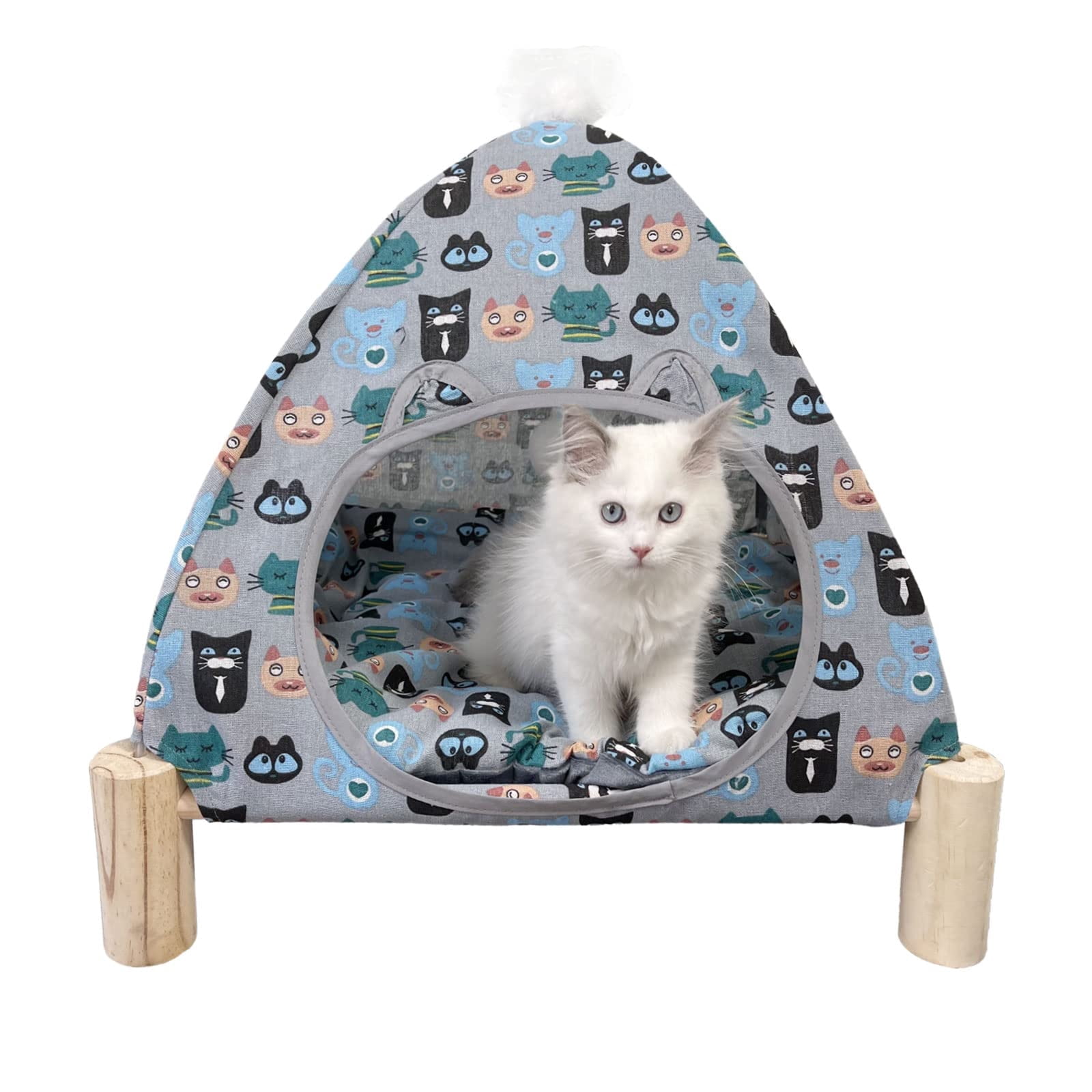 Nockovi 2-in-1 Cat Tent Wooden Frame Cat Bed Cat Hammock, Portable Indoor Outdoor Pet Tent House for Cats Puppies Small Animals, Quick Assembly Cute Pattern Pet Nest
