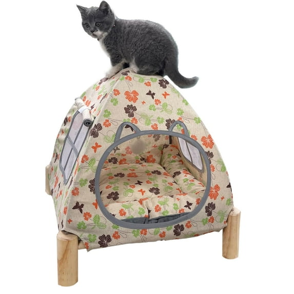 Nockovi 2-in-1 Cat Tent Wooden Frame Cat Bed Cat Hammock, quick assembly and disassembly, portable indoor/outdoor pet tent house for cats, puppies and other small animals-Butterfly and Flower