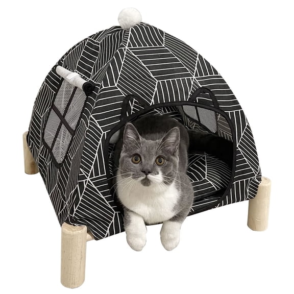 Pozico 2-in-1 Elevated Cat Bed Tent, Portable Pet Tent House for Cats, Puppies and Other Small Animals-Black Diamond Pattern