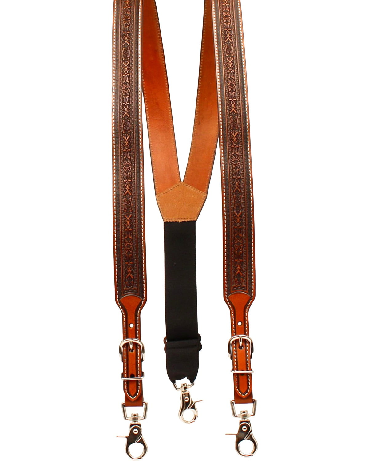 Medium Brown Floral Tooled Leather Suspenders with Elastic Back