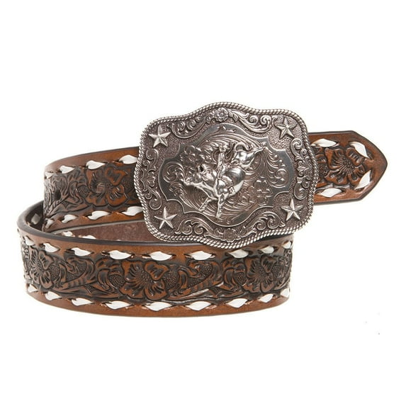 Nocona Boots Boys Brown withFloral Tool,/Bone Lace/Bull Buckle Belt 20 Tan