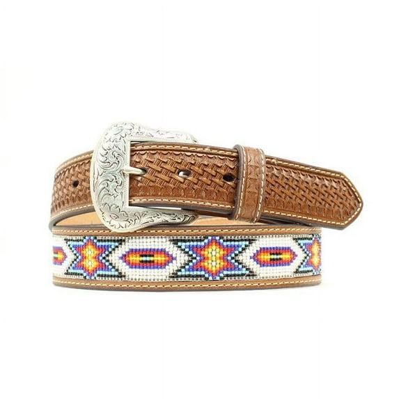 Nocona N2412608-38 Mens 1.50 in. Basketweave Tabs Aztec Star Bead Inlay Belt, Tan, White & Multi Color - Size 38