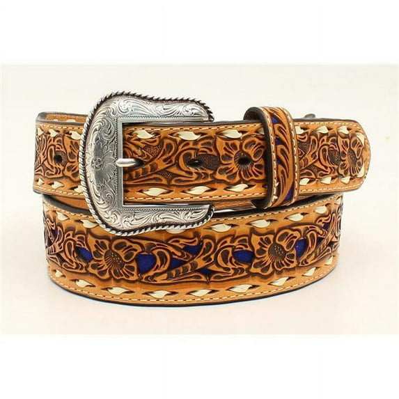 Nocona N2498727-40 Mens 1.87 in. Tapered Floral Embossed Color Backed Western Belt, Blue - Size 40