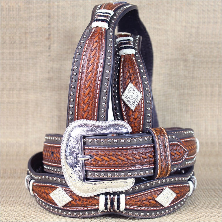 Nocona Brown Leather Belt with Blue Accents sz 36 Nocona Beaded Blue ( Medium Distressed Brown )- Men main image 4