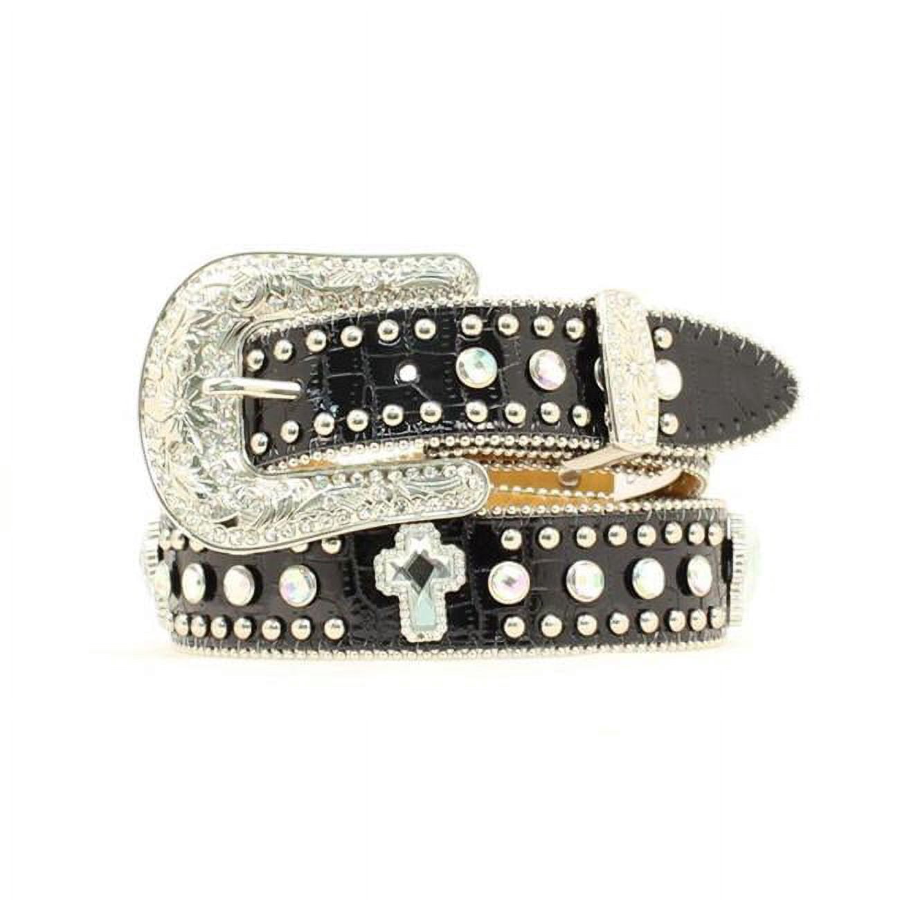 NOCONA WESTERN BLACK GENUINE LEATHER RHINESTONES CROSS HEARTS BELT MEDIUM Nocona Black Leather Jeweled Western Belt Size 36  main image 3