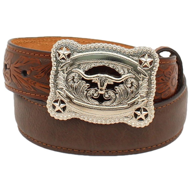 Nocona Belt Co. Boys' Tooled Billet Longhorn Buckle Brown 20