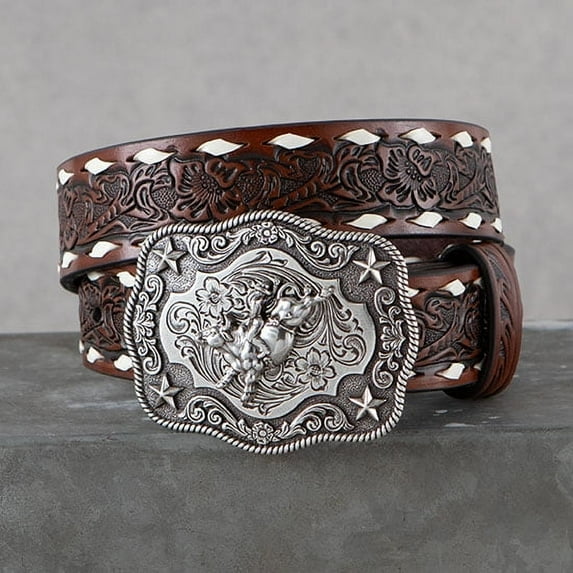Nocona Belt Co. Boys Brown withFloral Tool,/Bone Lace/Bull Buckle Belt 28 Tan