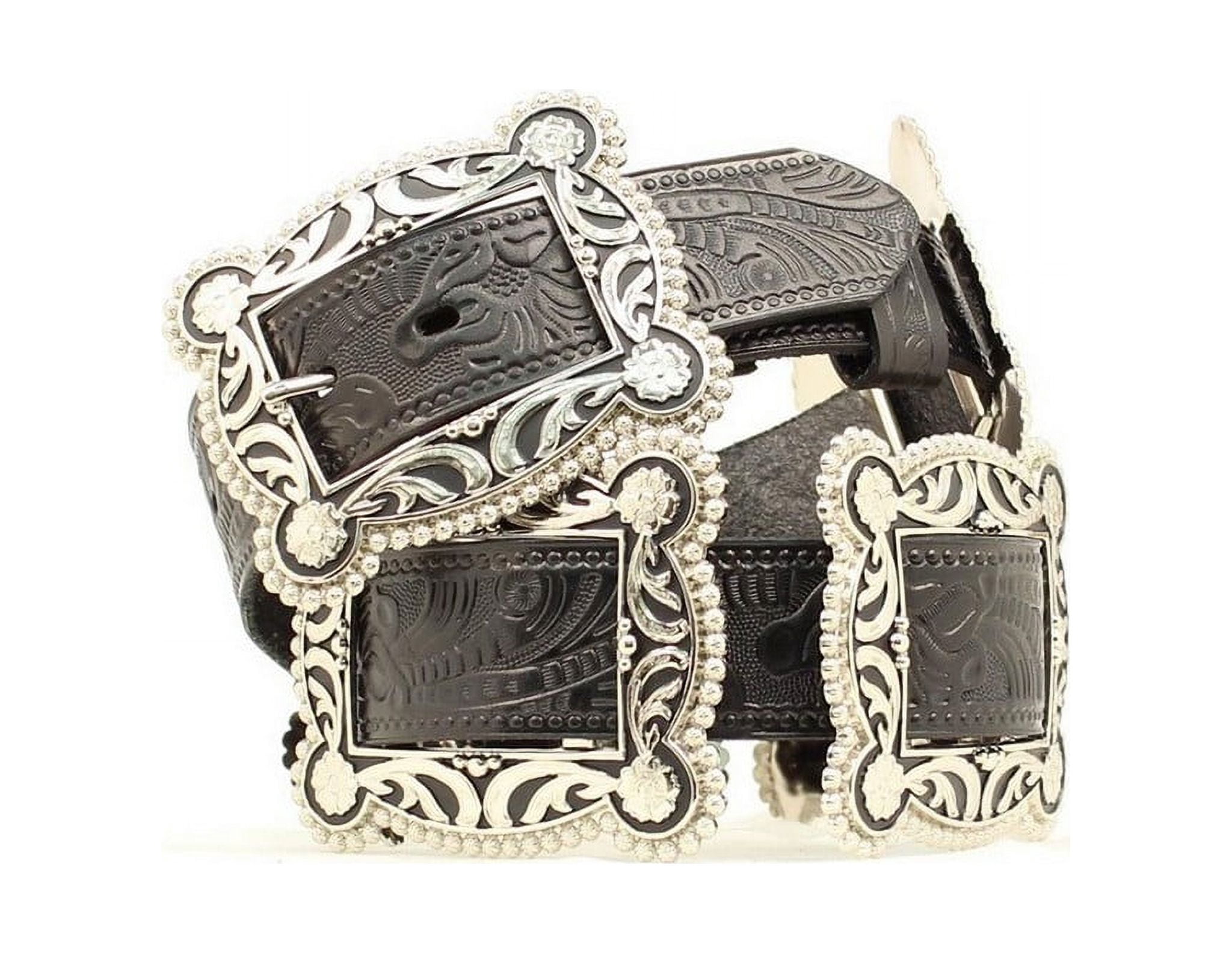 Nocona Black and Silver Leather Western Belt with Ornate Buckle Size M Nocona Tooled Leather Belt - Black/White – Amigos Pro Shop  main image 2