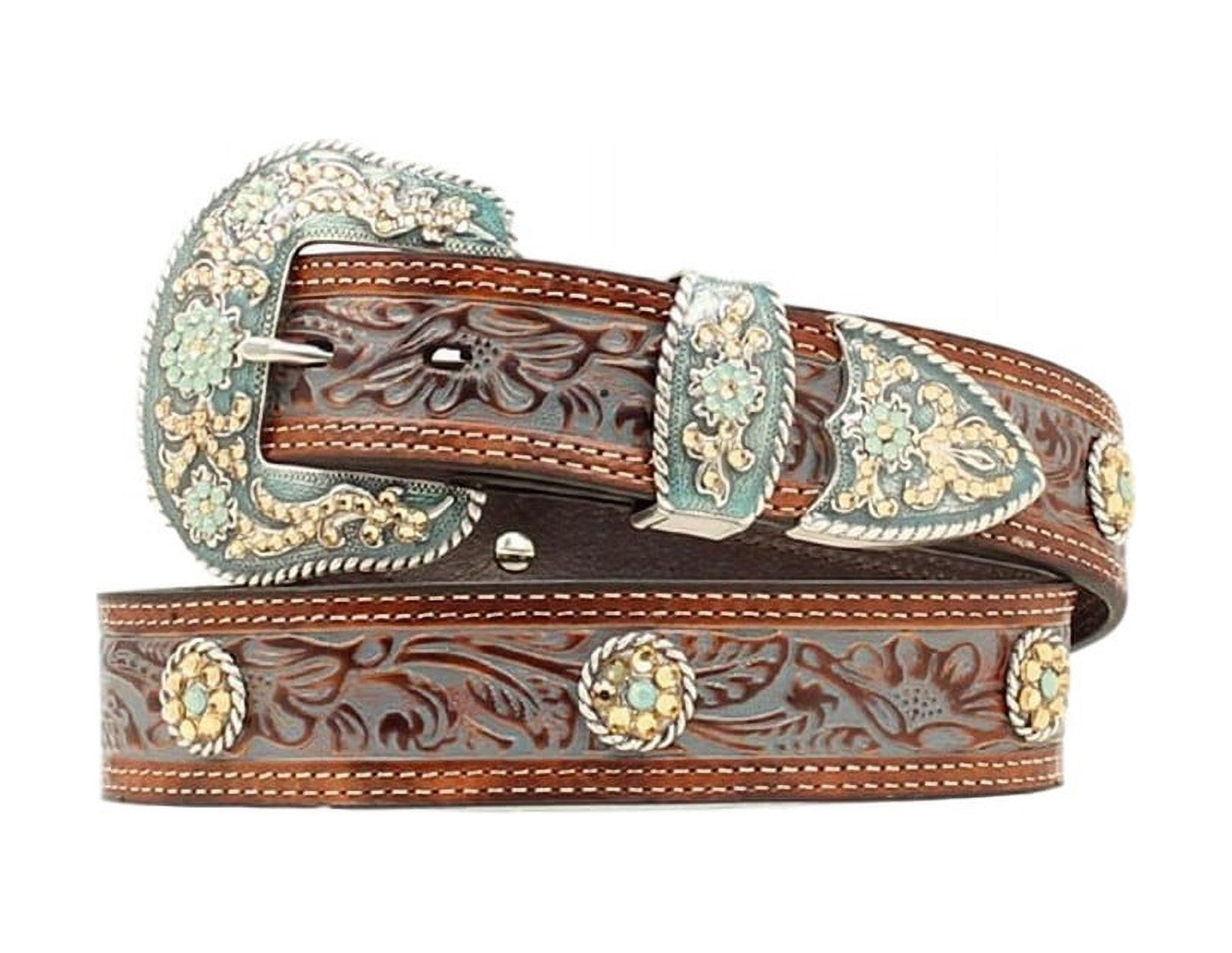 Nocona Turquoise Floral Tooled Leather Belt with Silver Conchos Nocona by M & F Western Products Ladies Accessories  main image 3