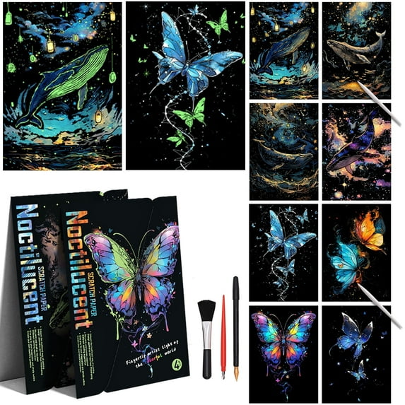 Noctilucent Scratch Rainbow Painting Art Paper Scratch Painting Art Set for Kids & Adults Creative Scratch Decorative Painting with 5 Tools (Butterflies& Blue Whales)