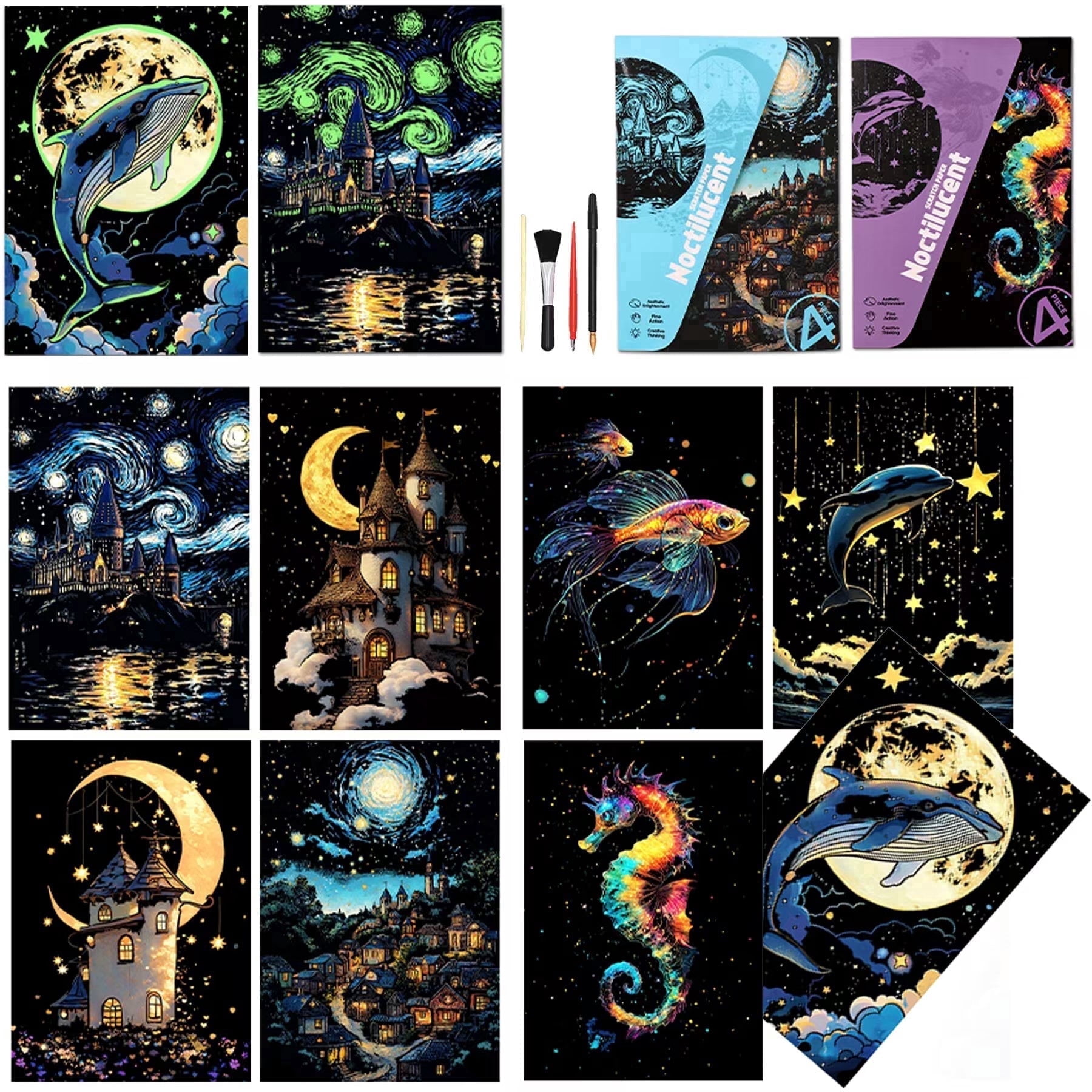 BulChign, Scratchboard Art Kit, Luminous Rainbow Painting, 8 Sheets ...