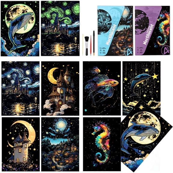Scratchboard Art for Adult Luminous Scratch Painting Kits, A5 Scratch Art Rainbow Painting Paper 8 Sheet with 4 Tools, Scratchboard for Teens & Adults, Fun Creative Craft Toy/Gifts/Decor, Dreams