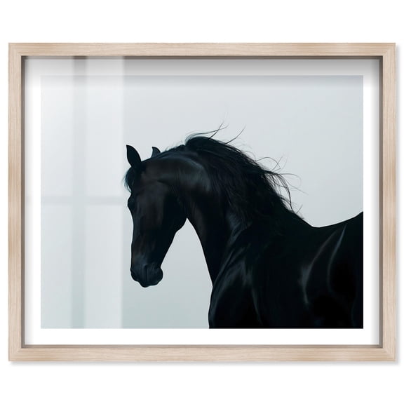 Nocturnal Black Horse Shadowbox Print Western Wall Decor by Notoriart, Blonde Frame, 21 x 17