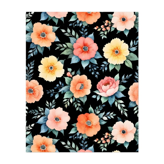 Nocturnal Bloomscape - India Illustration Floral Pattern Flowers Botanical Summer Nature Unframed Wall Art Print 16 x 20 inches