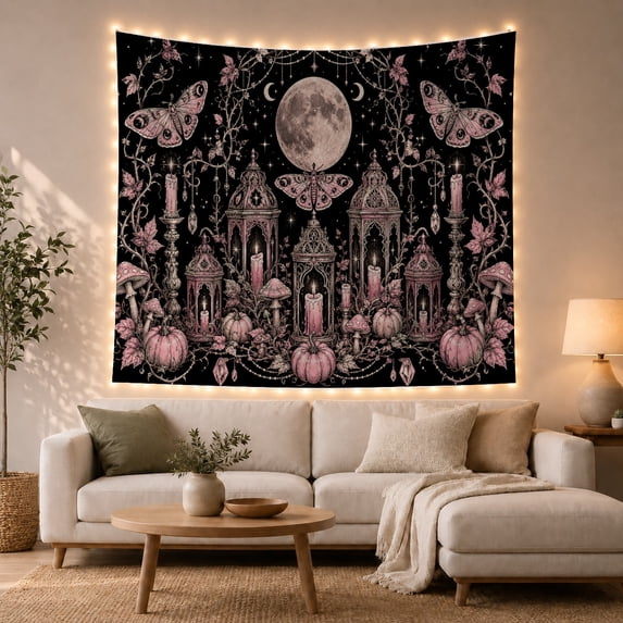 Nocturnal Cratered Moon with Flanked Crescent Moons Moth, Spooky Gothic for Gothic Decor Fans, Dark Art Decor, Halloween Gift, Tapestry Wall Hanging for Bedroom and Dorm