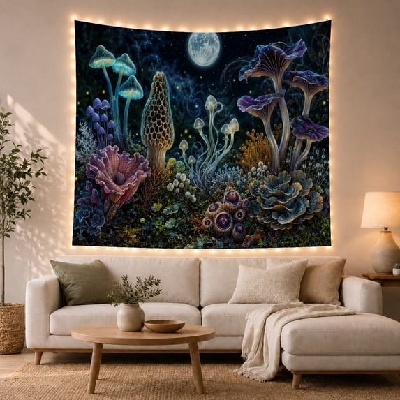 Nocturnal Dominated Oversized with Bioluminescent Fungi Left, Mystical Fantasy for Space Lovers, Wall Decor, Mother'S Day Gift, Tapestry Wall Hanging for Dorm and Living Room