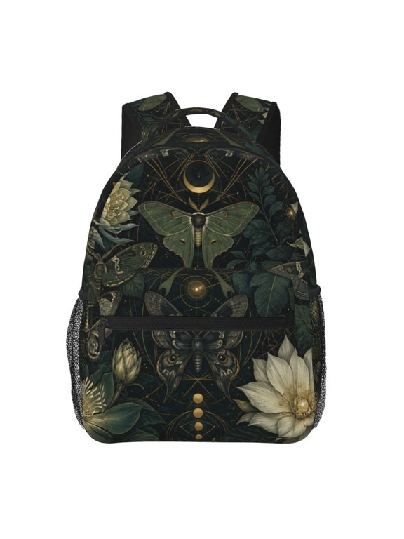 Nocturnal Flora Moth Backpack Casual College Bag Zipper Laptop Daypack Hiking Rucksack Travel