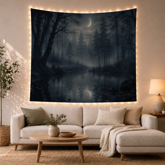 Nocturnal Forest Landscape with Calm Water and Crescent Moon, Mystical Gothic for Nature Lovers, Forest Wall Art, Halloween Gift, Tapestry Wall Hanging for Bedroom and Living Room