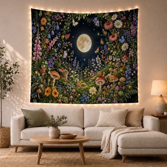 Nocturnal Garden Unfolds with Night Glowing Full, Dreamy Illustration for Nature Lovers, Aesthetic Wall Decor, Valentine'S Day Gift, Tapestry Wall Hanging for Dorm and Living Room