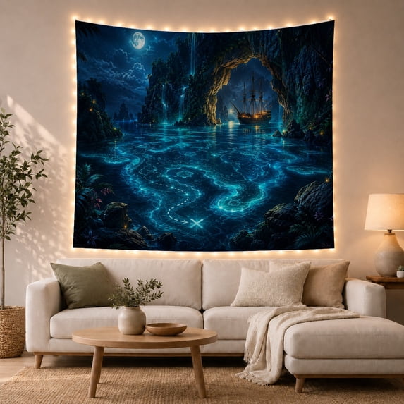 Nocturnal Masted Sailing With Ship Lights Glowing Deck, Mystical Fantasy for Space Lovers, Galaxy Room Decor, Thanksgiving Hostess Gift, Tapestry Wall Hanging for Bedroom and Dorm
