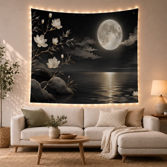 Nocturnal Moonlit Blossoms on Dark Water, Mystical Gothic for Nature Lovers, Coastal Home Decor Art, Housewarming Gift Tapestry Wall Hanging for Bedroom and Living Room