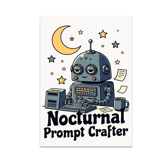 Nocturnal Prompt Crafter Retro Robot Art - AI Humor Enthusiast - 13x19 Poster Print