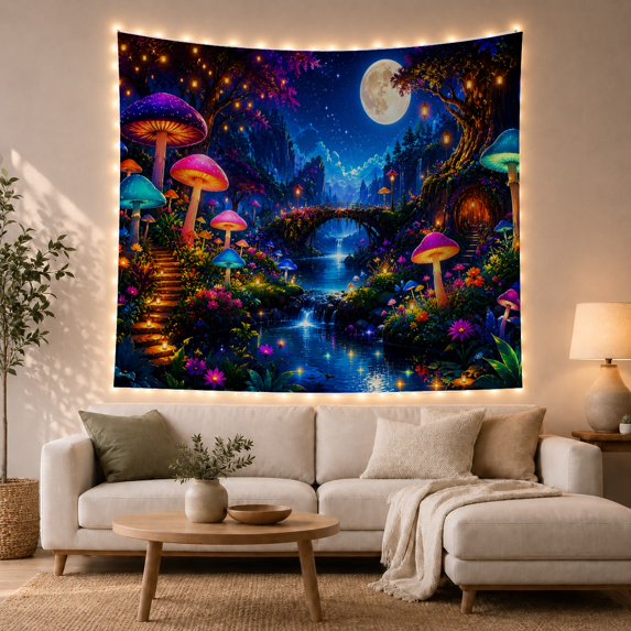 Nocturnal Stone Arch with Bridge Spanning Gently Flowing, Mystical Fantasy for Space Lovers, Galaxy Room Decor, Mother'S Day Gift, Tapestry Wall Hanging for Bedroom and Dorm