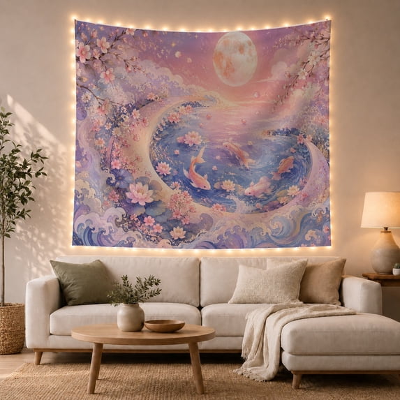 Nocturnal Swirling Circular with Pond Main Consists Fish, Mystical Fantasy for Space Lovers, Galaxy Room Decor, Mother'S Day Gift, Tapestry Wall Hanging for Bedroom and Dorm