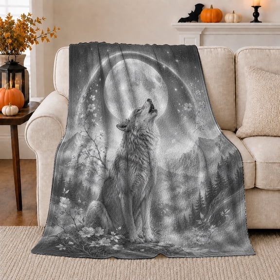 Nocturnal Wolf Howling Under Moonlight Mystical Pencil Sketch, Peaceful Woodland Scene, Warm Flannel Blanket for Cabin and Lodge, Wildlife Lovers Housewarming Gift, Celestial Home Decor