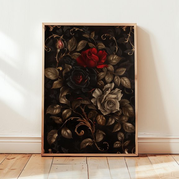 Nocturne Roses Black Red Baroque Floral Wall Art Home Decor Unframed Paper Print