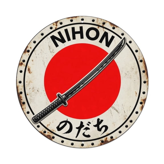 Nodachi Sword Nihon Blade Weapon Historic Vintage Metal Tin Sign Plaque Wall Decor for Cafe, Club, Garden Round Metal Poster 8x8Inch