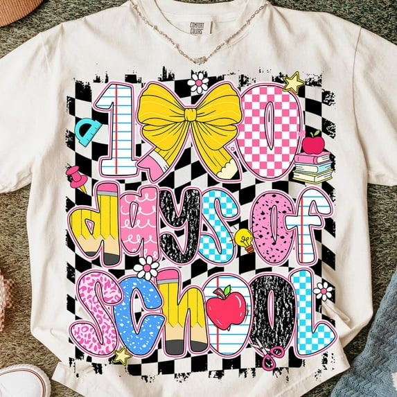 Nodb 100 Days Of School Shirt, Retro Checkered Shirt, Coquette Bow Shirt SAND S-5XL