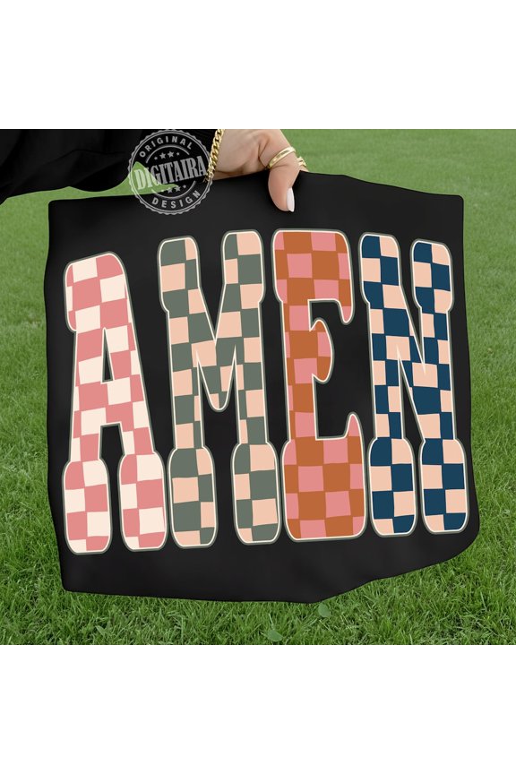 Amen Checkered Varsity Faith Blessed Jesus Girly Tee BLACK Unisex S-5XL Shirt