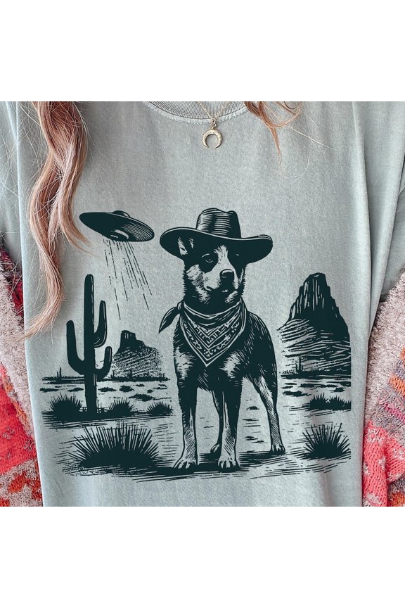 Blue Heeler Ufo Western Retro Alien Cattle Dog Gift Tee ASH GREY Unisex S-5XL Shirt