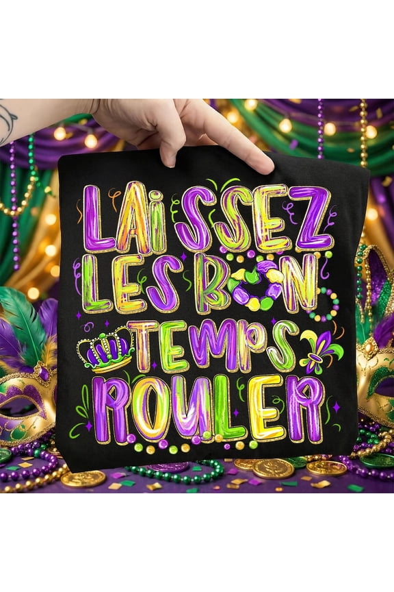 Boho Mardi Gras Shirt Laissez Les Bon Temps Rouler Fleur De Lis Beads BLACK S-5XL