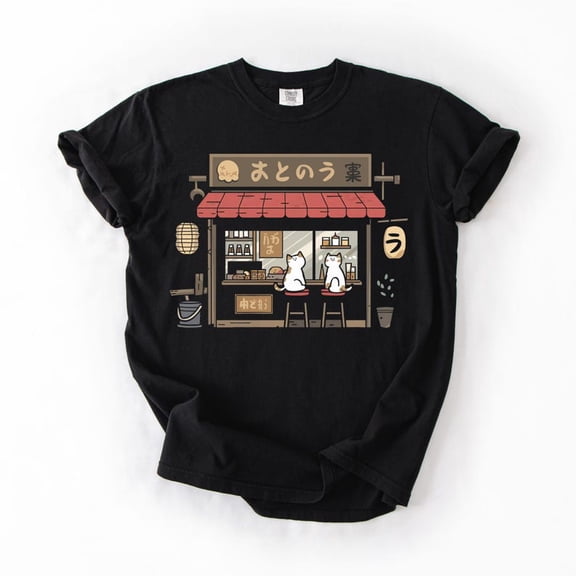 Nodb Japanese Cat Cafe T-Shirt: Kawaii Ramen Neko Streetwear BLACK Unisex S-5XL Shirt