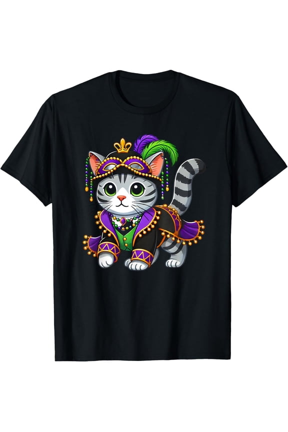 Mardi Gras Cat T-Shirt Fleur De Lis New Orleans Tee BLACK Unisex S-5XL Shirt