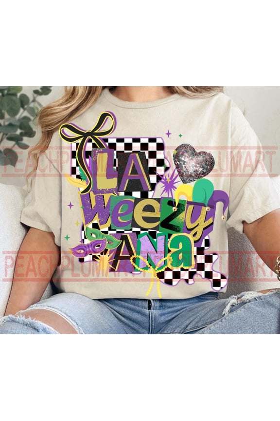 Mardi Gras Louisiana Map Shirt La Weezy Ana Carnival Collage Artwork SAND S-5XL