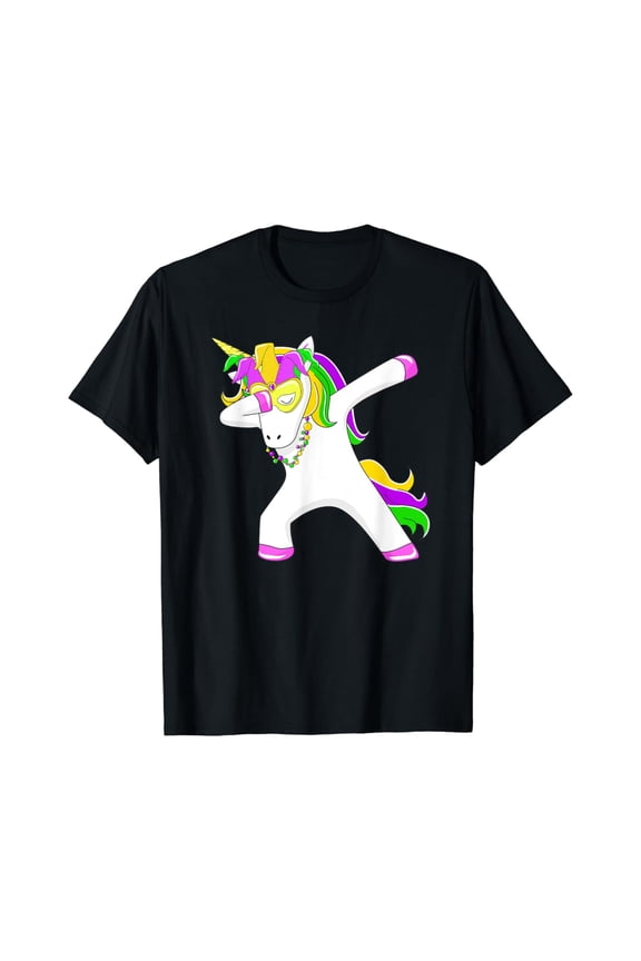 Mardi Gras Unicorn Dabbing Party Apparel T-Shirt BLACK Unisex S-5XL Shirt