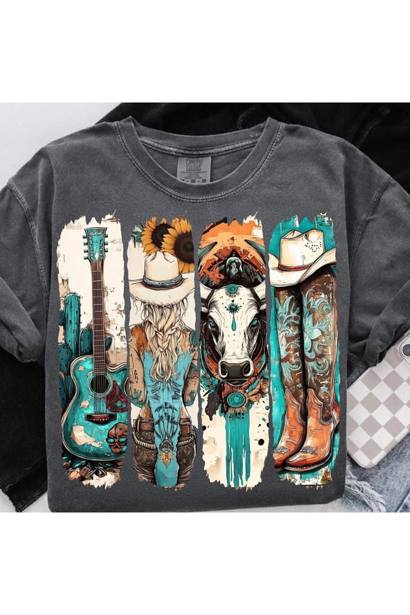 Western Cowgirl Shirt Cowboy Boots Western Turquoise Shirt BLACK Unisex S-5XL Shirt