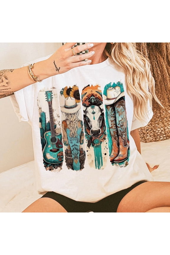 Western Cowgirl Shirt Cowboy Boots Western Turquoise Shirt WHITE Unisex S-5XL Shirt